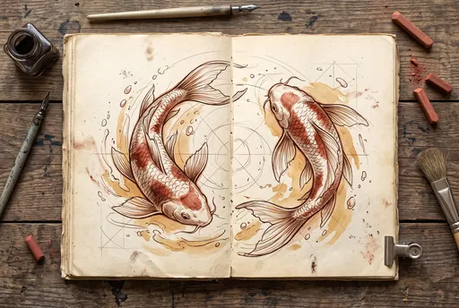 Vintage Sketchbook With Koi Fish Drawing