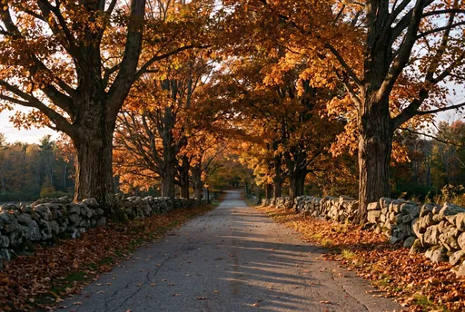 Autumn Country Road With Stone Walls