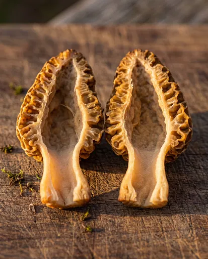 Halved Morel Mushroom on Wooden Board