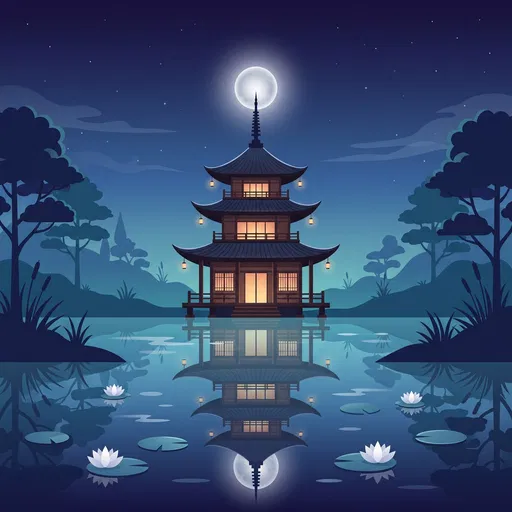 Tranquil Night Pagoda Reflecting on Lotus Pond