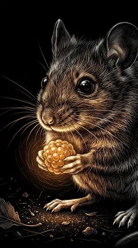 Scratchboard Mouse Holding Glowing Berry