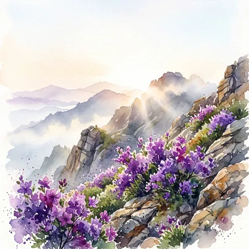 Watercolor Purple Mountain Flowers on Rocky Slope