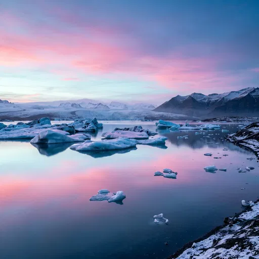 Glacier Lagoon Under Pastel Twilight Sky