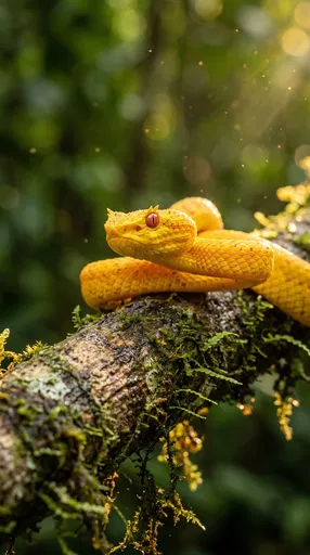 Golden Eyelash Viper on Mossy Branch