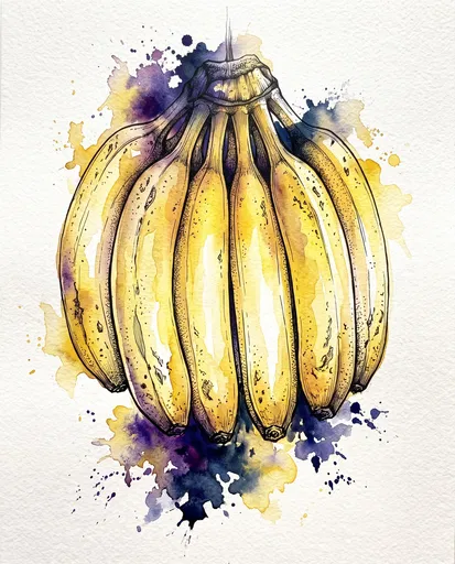 Watercolor and Ink Banana Bunch Illustration