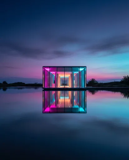 Glowing Glass Pavilion Reflected on Water