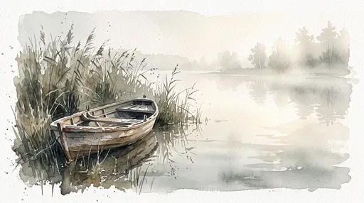 Watercolor Rowboat in Misty Marsh Reeds