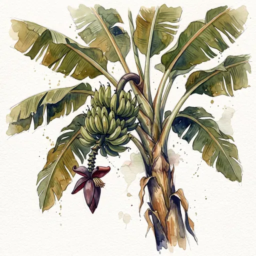 Watercolor Fruiting Plantain Tree Illustration