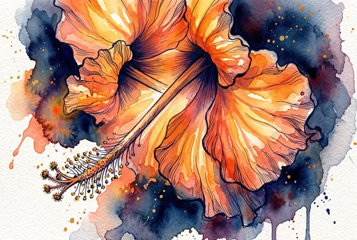 Orange Hibiscus Watercolor and Ink Illustration