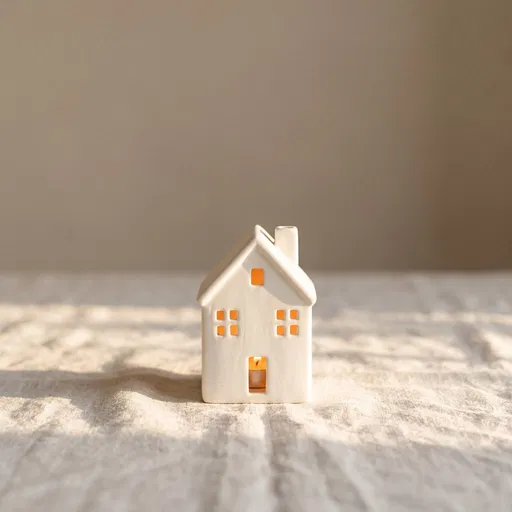 White Ceramic House Lantern on Linen