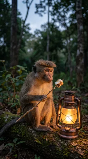 Macaque Holding Roasted Marshmallow by Lantern