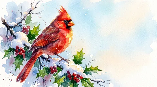 Watercolor Cardinal on Snowy Holly Branch