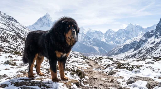 Tibetan Mastiff on Snowy Mountain Pass