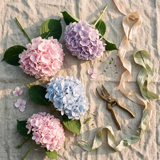 Pastel Hydrangea Flat Lay With Shears