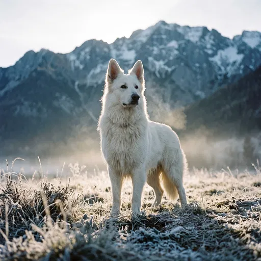 White Shepherd in Frosty Alpine Meadow