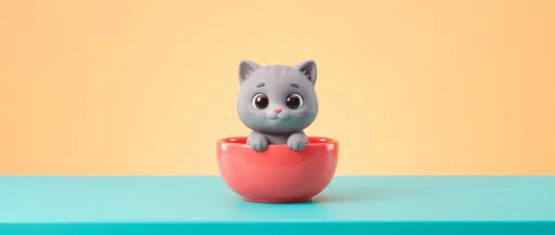 Cute 3D Grey Kitten in Bowl