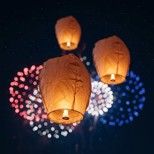 Glowing Paper Lanterns and Bokeh Fireworks