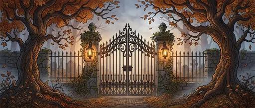 Autumn Cemetery Gate Panoramic Illustration