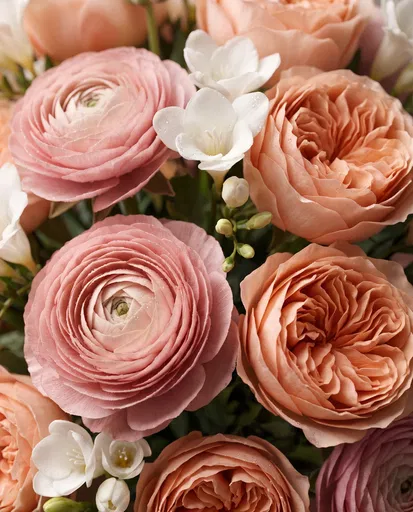 Pink Ranunculus and Peach Garden Roses Close-Up