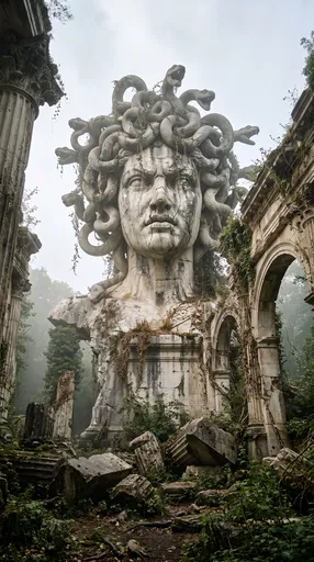 Colossal Weathered Medusa Statue in Ruins