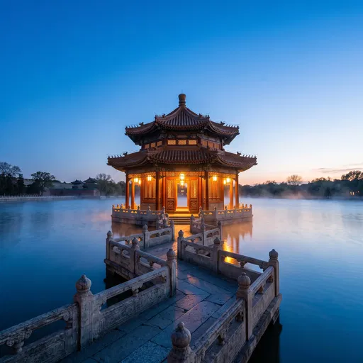 Illuminated Chinese Water Pavilion at Dusk