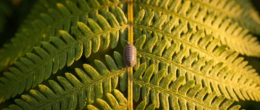 Pill Bug on Sunlit Fern Frond