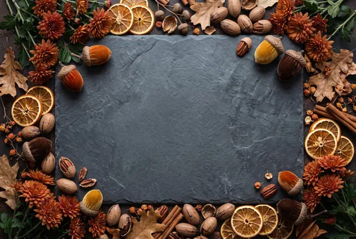 Autumn Decor Frame Around Dark Slate Slab