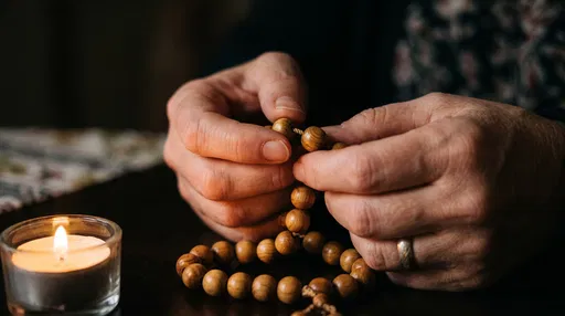 Hands Holding Wooden Prayer Beads by Candlelight