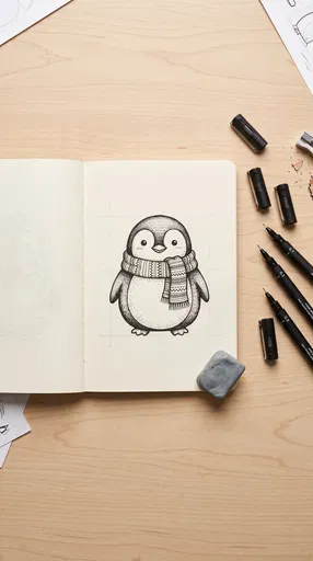 Ink Penguin Drawing in Sketchbook Flat Lay