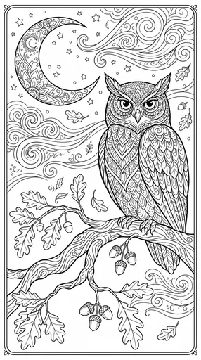 Zentangle Owl and Moon Coloring Page