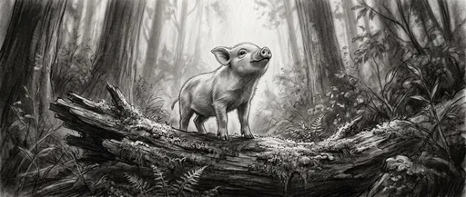 Charcoal Drawing of Piglet on Log