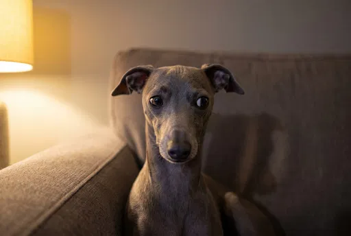 Italian Greyhound Portrait on Taupe Sofa