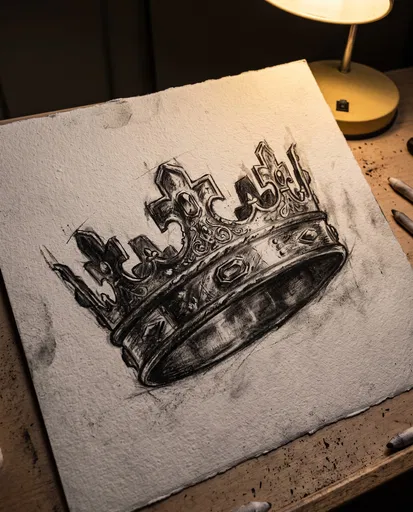 Charcoal Sketch of Medieval Crown on Desk