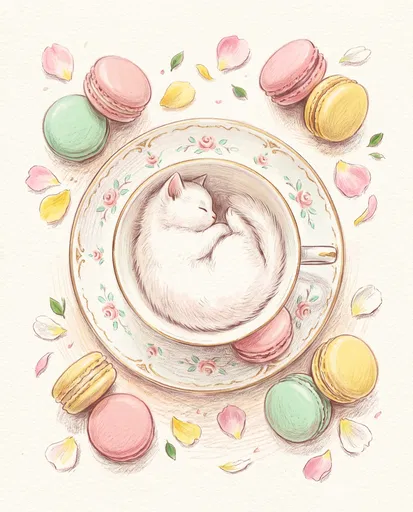 White Kitten Sleeping in Vintage Teacup Illustration