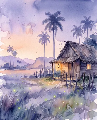 Watercolor Illustration of Rustic Cuban Bohio at Dusk