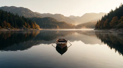 Wooden Rowboat on Calm Autumn Lake