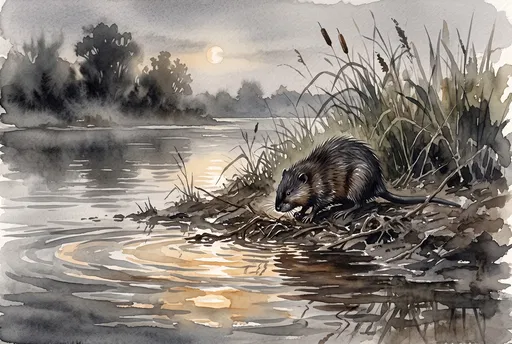 Watercolor Muskrat on Moonlit Riverbank