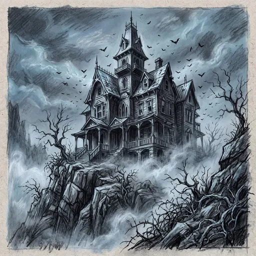Charcoal Sketch of Haunted Victorian Mansion