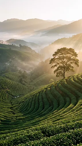 Misty Morning Over Terraced Tea Fields