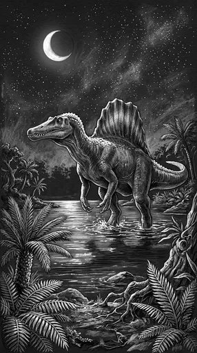 Spinosaurus in River Under Night Sky