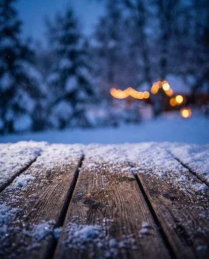 Snowy Wooden Table at Blue Hour