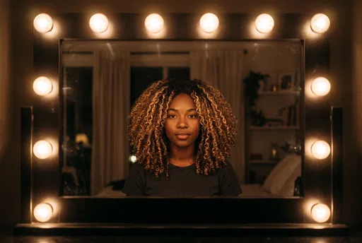 Woman With Blonde Highlights in Vanity Mirror