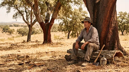 Cork Harvester Resting Under Oak Tree