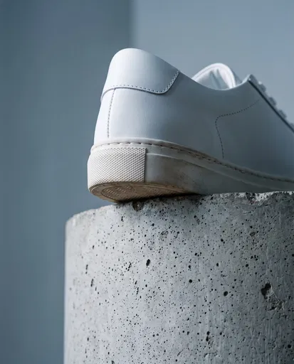 White Leather Sneaker Heel on Concrete