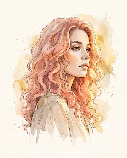 Watercolor Portrait of Woman with Coral Curls