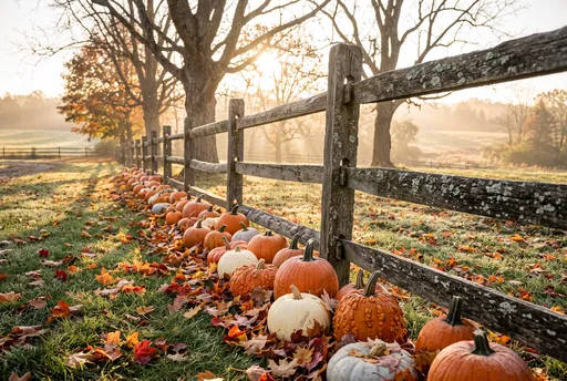 Pumpkins Along Rustic Fence at Sunrise