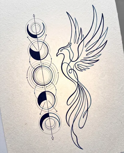 Minimalist Line Art Phoenix and Moon Phases