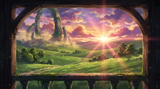 Anime Sunset Landscape With Ancient Stone Ruins