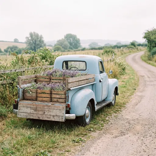 Vintage Blue Truck With Lavender Crates