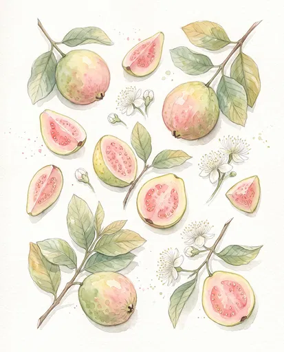 Watercolor Pink Guava Botanical Illustration
